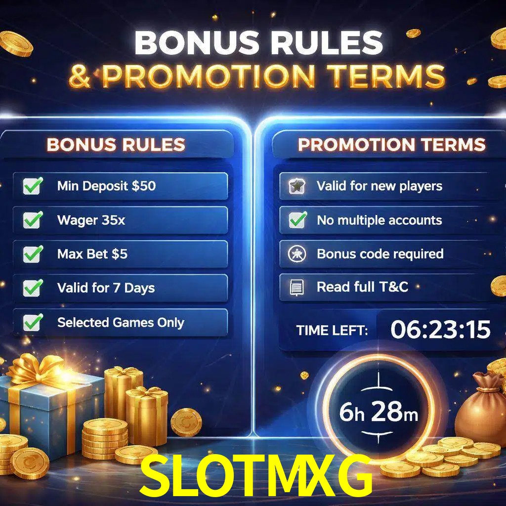 Reglas de promoción SLOTMXG y condiciones de bonos explicadas visualmente